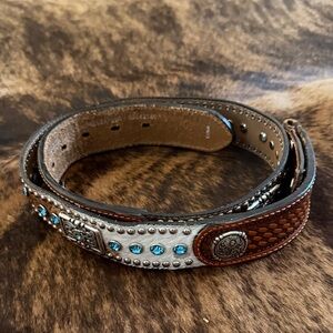 Nocona Brown Leather Belt with Turquoise Stones and Silver Conchos
